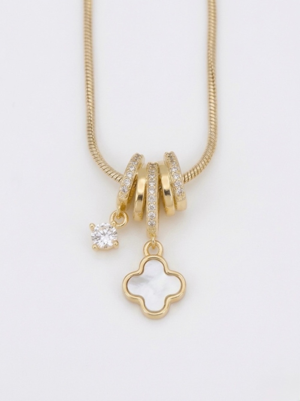 14K Gold Plated MoP Clover Necklace | CZ Pavé Rings & Crystal Charm